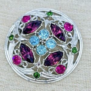 Sarah Coventry Brooch Vtg Springtime 1972 Silver Tone Purple Green Blue Filigree